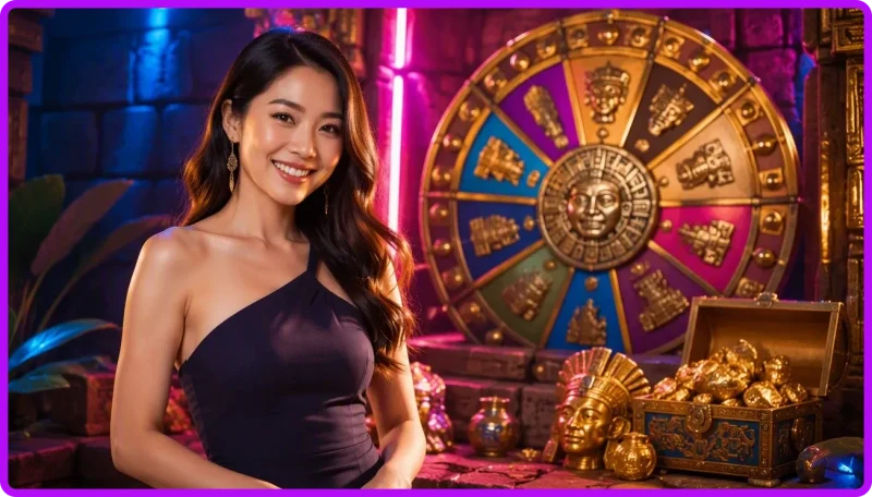 Cổng đền Aztec phát sáng neon mô tả khái niệm dòng game kho báu Aztec
