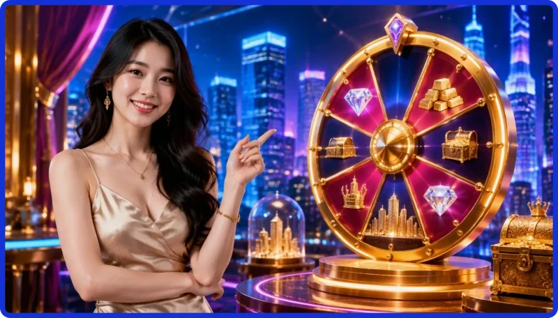 Vòng quay thưởng trước thành phố vàng huyền ảo trong game nổ hũ Thành Phố Vàng